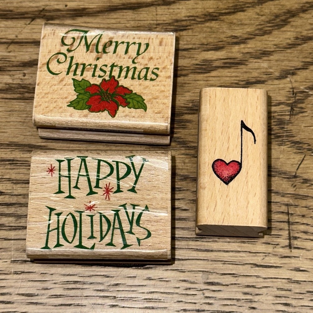 Vintage 90's Stampcraft‎ Christmas Love Note Wood Mounted Rubber Stamp Lot Of 3